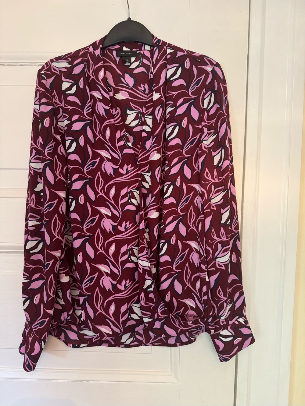 Halogen (Nordstrom) Burgundy Floral Faux Wrap V-Neck Long-Sleeve Blouse